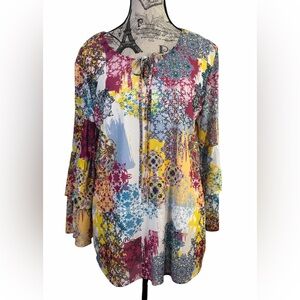 Reba Multicolor Boho Chic Multicolor Floral Tunic with Tie Neck Size M
